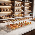 Espositore a tre ripiani in plexiglass trasparente con dolci e finger food sul bancone di una pasticceria