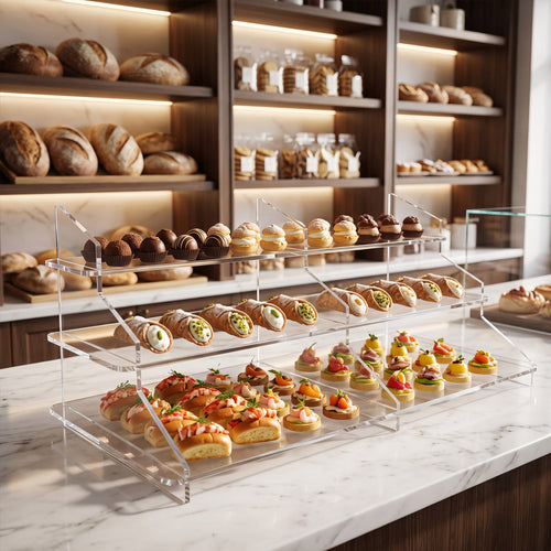 Espositore a tre ripiani in plexiglass trasparente con dolci e finger food sul bancone di una pasticceria