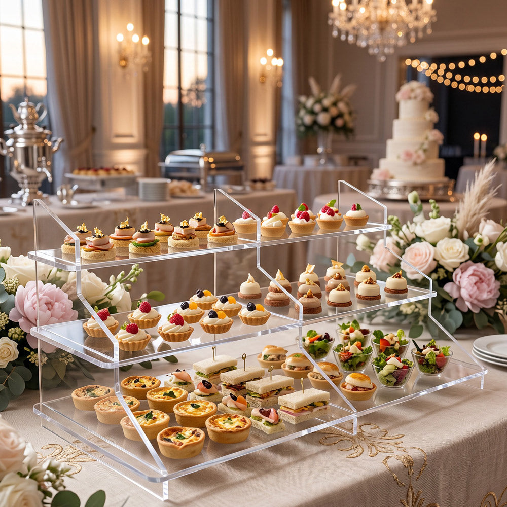Espositore trasparente a tre livelli con pasticceria mignon e stuzzichini su un tavolo da buffet.