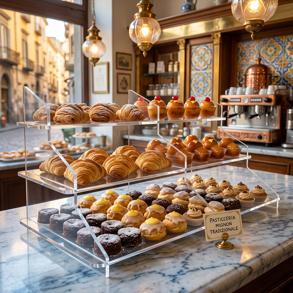 Espositore da banco in plexiglass a tre ripiani con sfogliatelle, babà e dolci mignon in un bar.