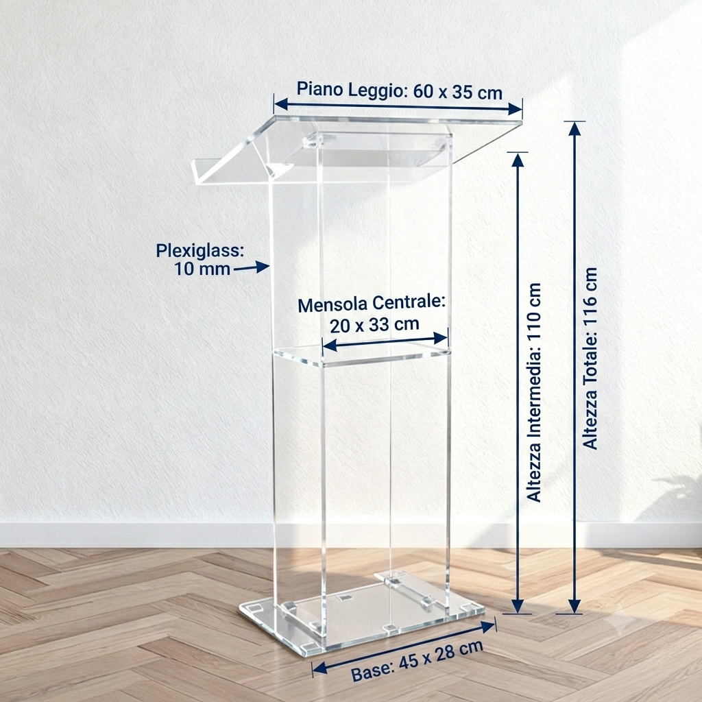 Podio Leggio in Plexiglass Trasparente 10mm con Mensola – Mod.002